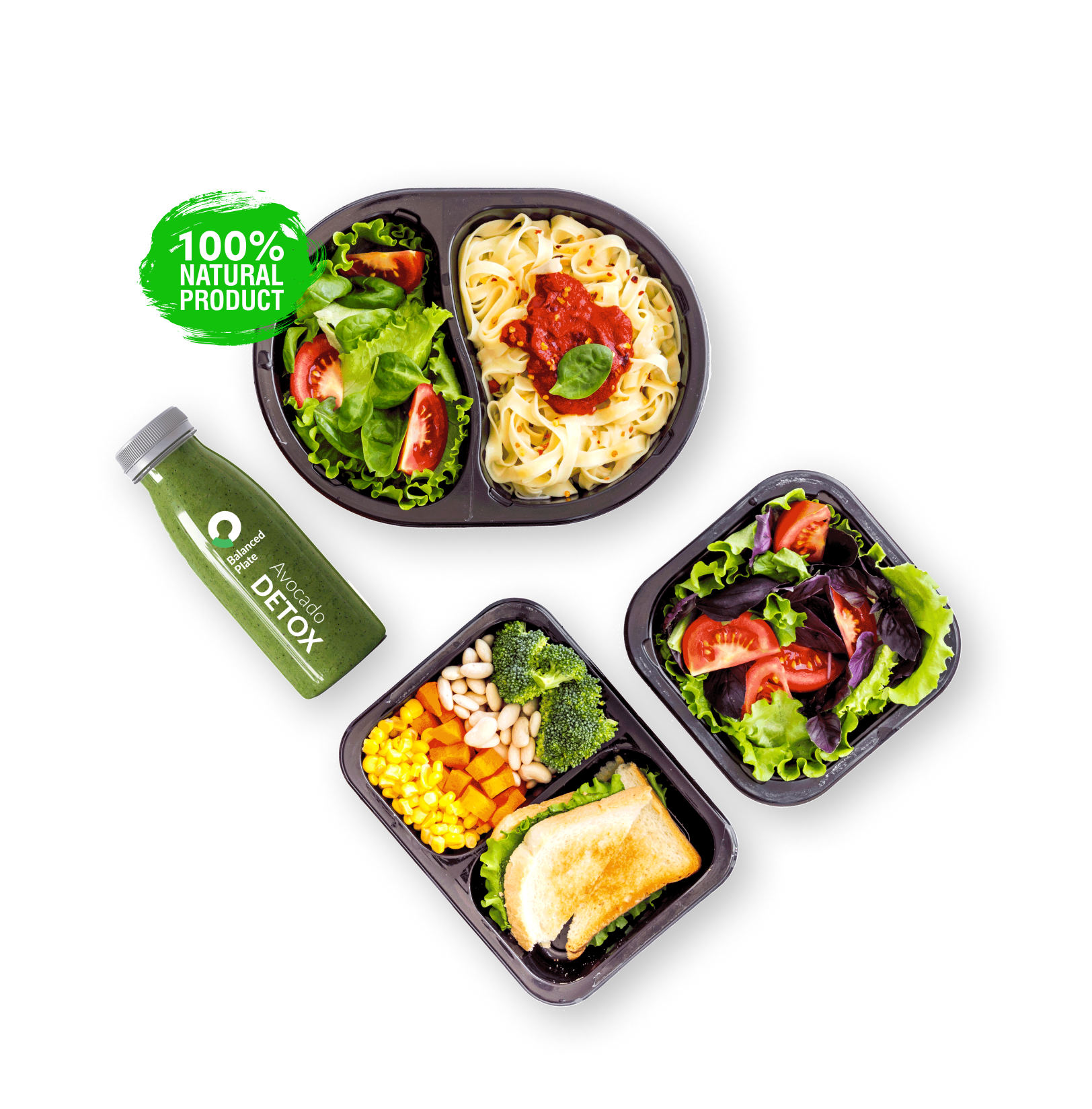 Свежие готовые блюда Balanced Plate: паста, овощи, салат и смузи